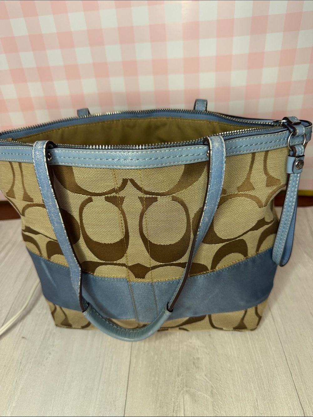 Coach Beige Signature Canvas Tote with Light Blue Trim - Picture 11 of 14